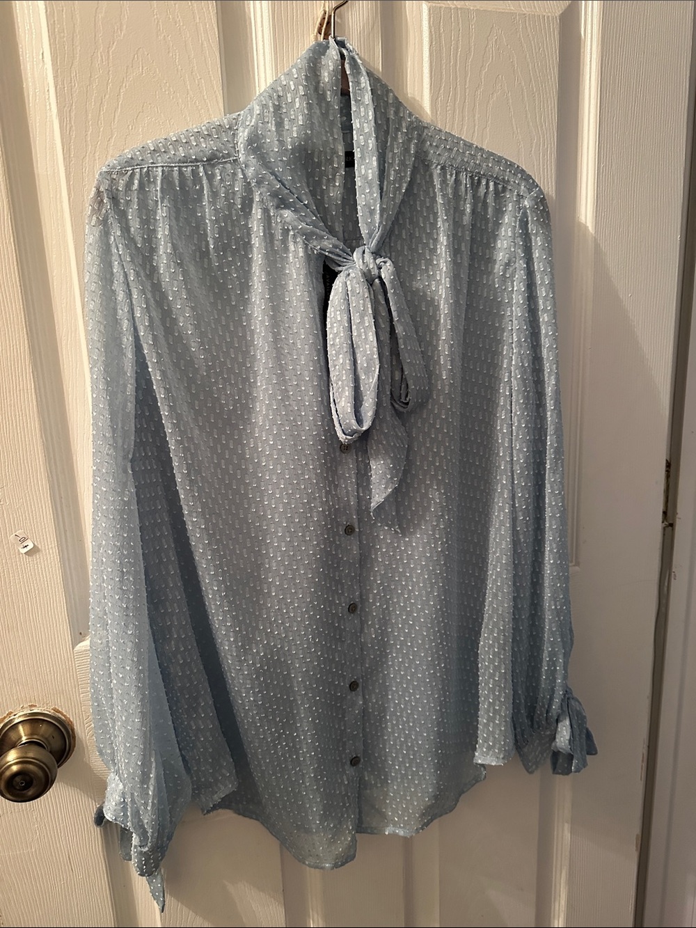 Banana Republic Light Blue Dot Tie-Neck Button-Down Blouse